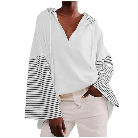 Virmaxy Women s 2024 Casual V-Neck Striped Hoodies Loose Fit Drawstring Long Sleeve Sweatshirt White-2 L