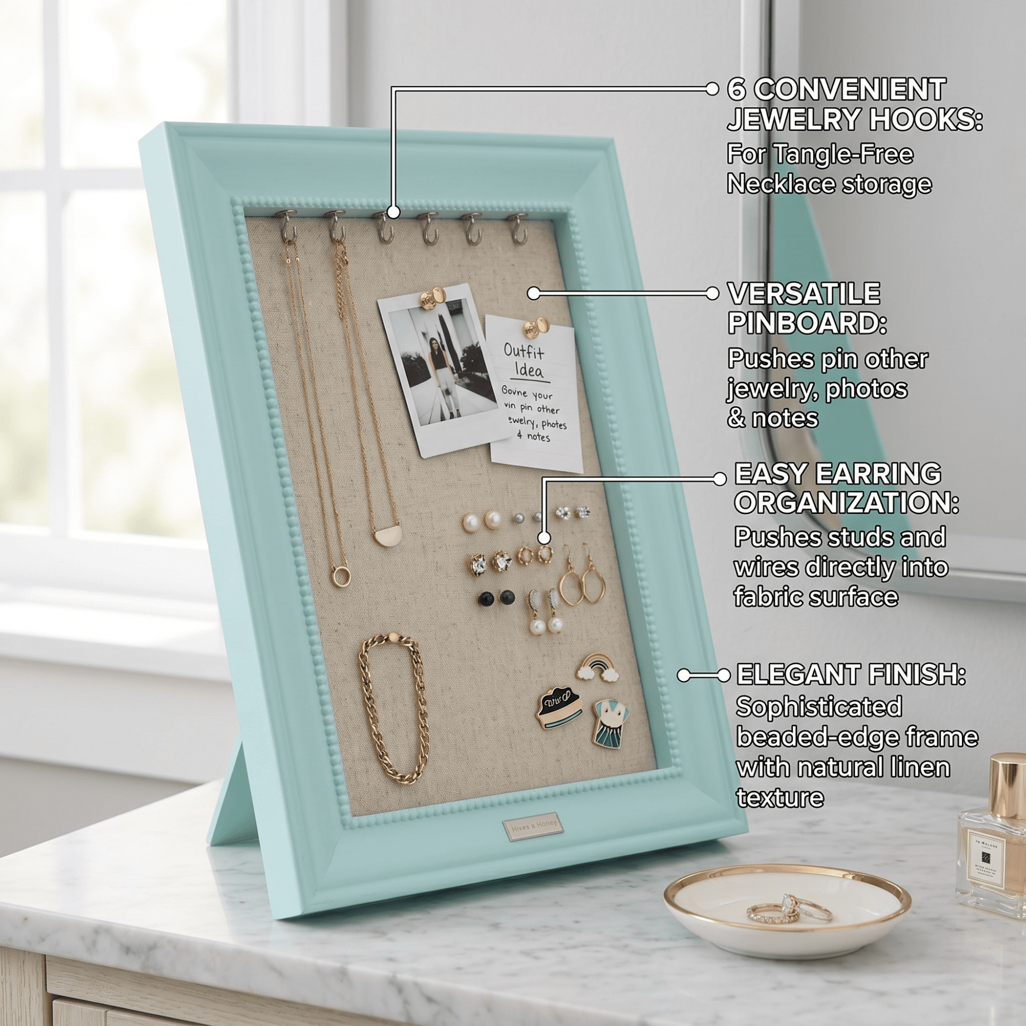 Hives and Honey Women's Medium 15" x 12" Seafoam Jewelry Frame Organizer with Necklace Hooks and Linen Pinboard