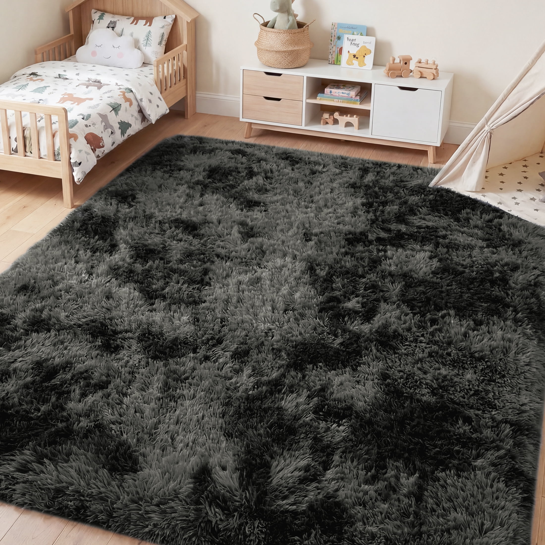 Nefoso Shag Area Rug, 5ft x 7ft Soft Fluffy Tie-Dye Area Rugs for Living Room Bedroom Decor Carpet, Black & Grey