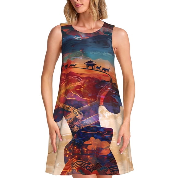 Fotbe Cultural Silhouette Journey Vestido de Verano sin Mangas para Mujer – Vestido Midi Línea A, Estilo Camiseta Floral, Vestido Playero Casual y Fluido