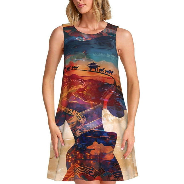 Vsdgher Robe d'Été Imprimée Silhouette Culturelle pour Femmes Robe de Plage Décontractée Col en U Sans Manches Robe Débardeur Ample avec Poche