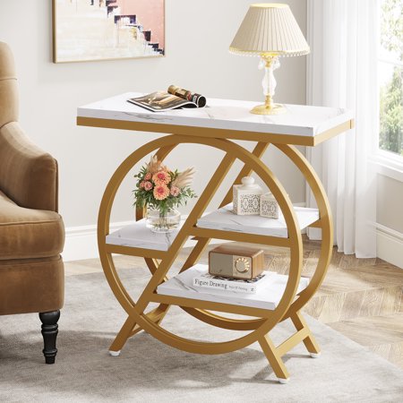 Tribesigns Rectangle End Table 3-Tier Side Table with Metal Frame for Couch Bedroom White & Gold