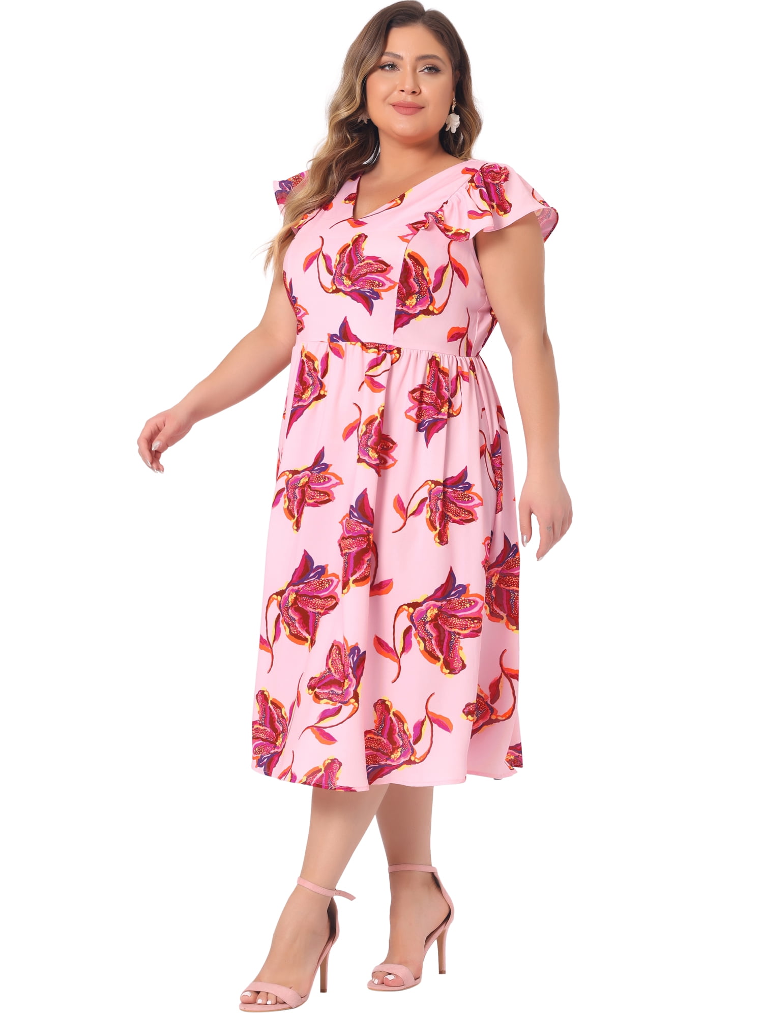 DARING DIVA Women's Plus Size Floral Ruffle Short Sleeves Tie Back V Neck Dress 3X Pink