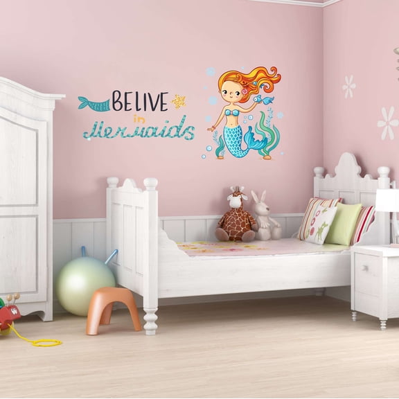 Believe In Mermaid's Mermaid Teal Colorful Fish Salt Water Creatures Seahorse Queen Sweet Dreams Bedtime Unicorn Lovely Dear Dream Holiday Gift Decorating Wall Decal Sticker - Size: 20 In X 10 In