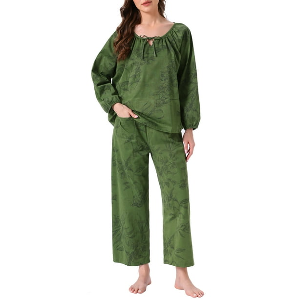 Conjunto de Pijamas para Mujeres de Manga Larga con Estampado Floral, Pulóver con Nudo Frontal, Pantalones Anchos Suaves de 2 Piezas, Verde Floral