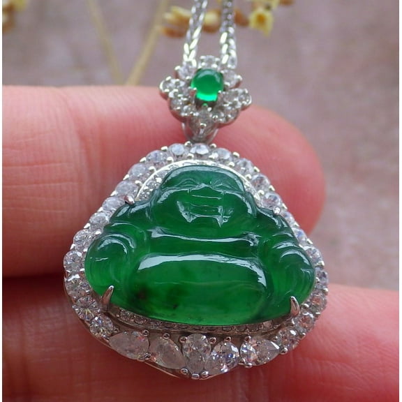 Icy Green Silver 925 Certified Burma Natural A JADE Jadeite pendant Happy Buddha God Necklace 652189 TN