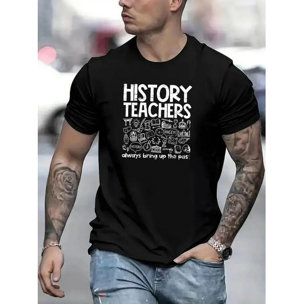 Camiseta de manga corta con estampado geométrico para hombre: tejido de poliéster transpirable, cuello redondo, corte regular, cómoda para uso diario y de ocio en verano, diseño humorístico de profeso