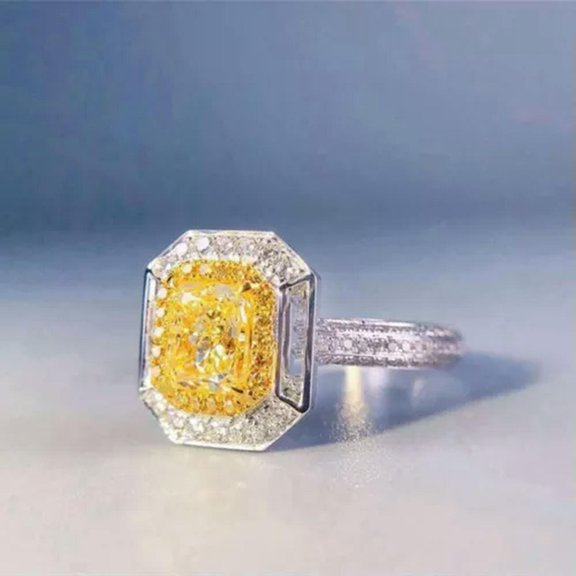EOEMY 6*8mm Princess Cut Yellow Cz Double Rowes Band Women'S 925 Silver Ring Size 6-10