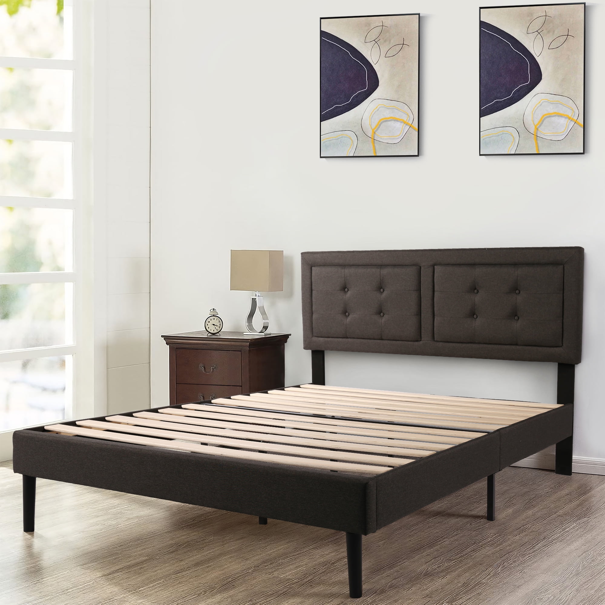 VECELO Upholstered Platform Bed with Height Adjustable Square Tufted