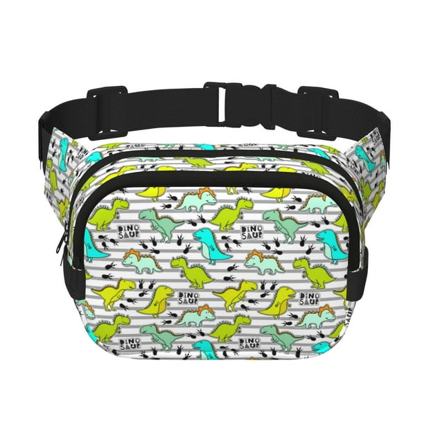 Fotbe Funny Dinosaurs on Stripes Cangurera Cuadrada con Estampado de Doble Capa, Bolsa de Cintura Ajustable Mini para Hombres y Mujeres