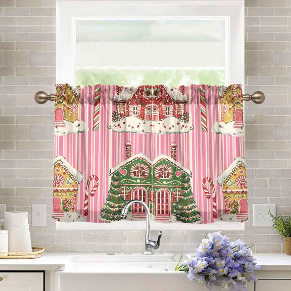 Yayeee Kitchen Curtains Tier Pair Light Filtering 27"x36" Rod Pocket Short Cafe Window Panel, Pink Christmas House