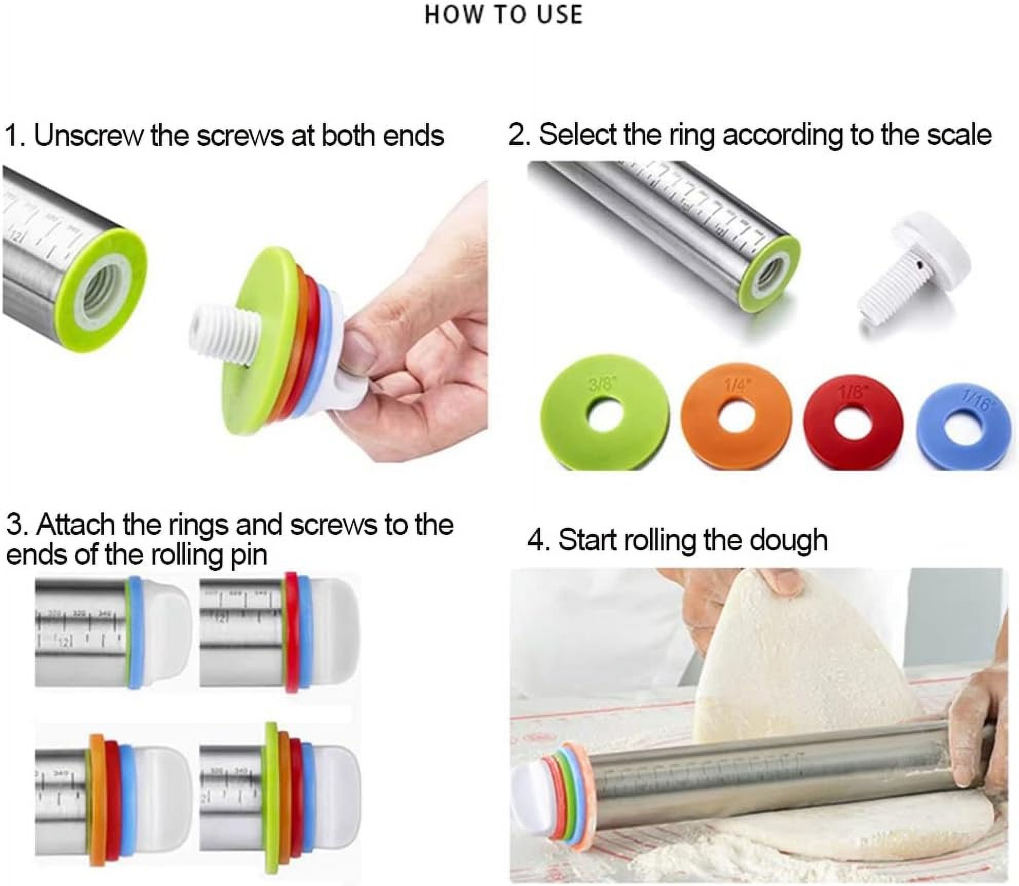 17" Stainless Steel Rolling Pin, Non-Stick Roller with Silicone Removable Rings and Baking Mat, Kitchen Bake Tools for Cooking Pizza Pie Cookies Pastries