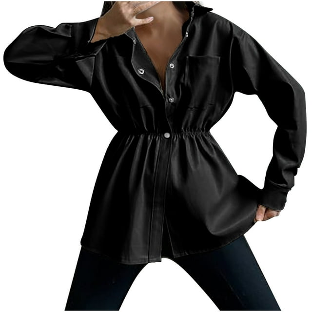 IROINID Veste en Faux Cuir pour Femmes Manches Longues Couleur Unie, Robe Décontractée à Boutons pour l'Automne