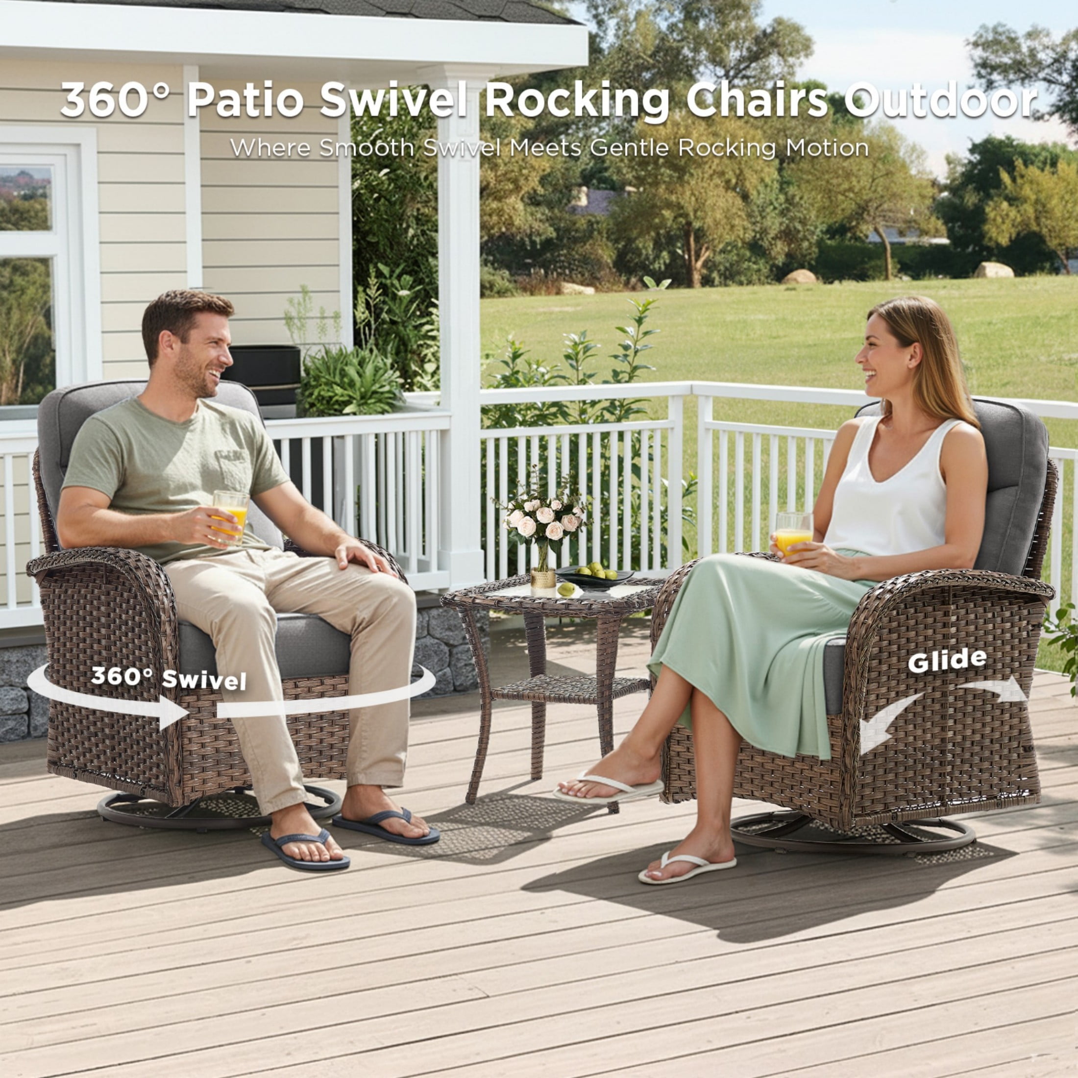 Unnifurnzi 8 Pieces Patio Furniture Set-6'' Thick Cushions Outdoor Furniture with Swivel Rocker Chairs Outdoor Couch and Coffee Table Wicker Patio Furniture for Deck Porch Garden Poolside-Brown/Gray