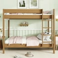thumbnail image 2 of Twin Over Twin Bunk Bed with Boucle Upholstered Headboard and Footboard, Ladder, Safety Guardrails, Rubber Wooden Bunk Bed, Natural, 2 of 9
