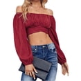 thumbnail image 4 of Solid Color Long Sleeved Women Off Shoulder Crop Tops Sexy Blouse, 4 of 5