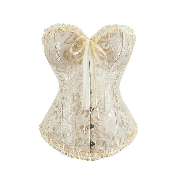 Women's Lace Up Boned Overbust Corset Bustier Lingerie Bodyshaper Top Princess corset -Apricot color