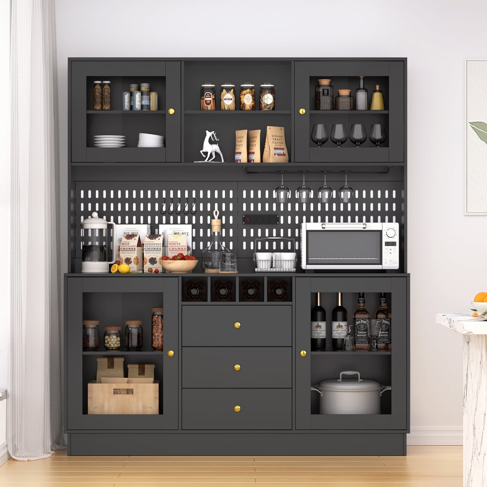 RichYa Kitchen Pantry 63" Spacious Countertop Hutch Cabinet with 3 Drawers Wine Bottle Rack Cup Holder & Power Strip Black