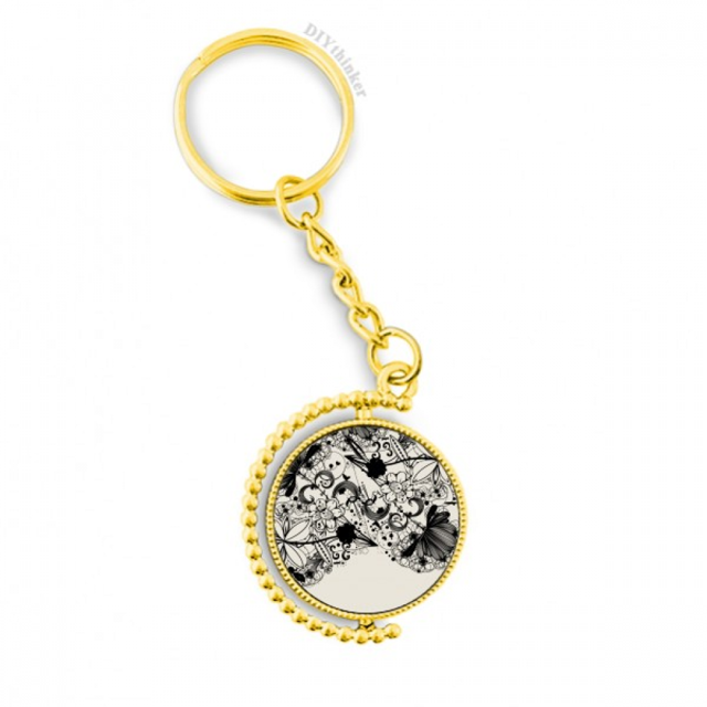 Plantas de flor negro blanco Art en grano silueta Anillo de oro de metal llavero llavero