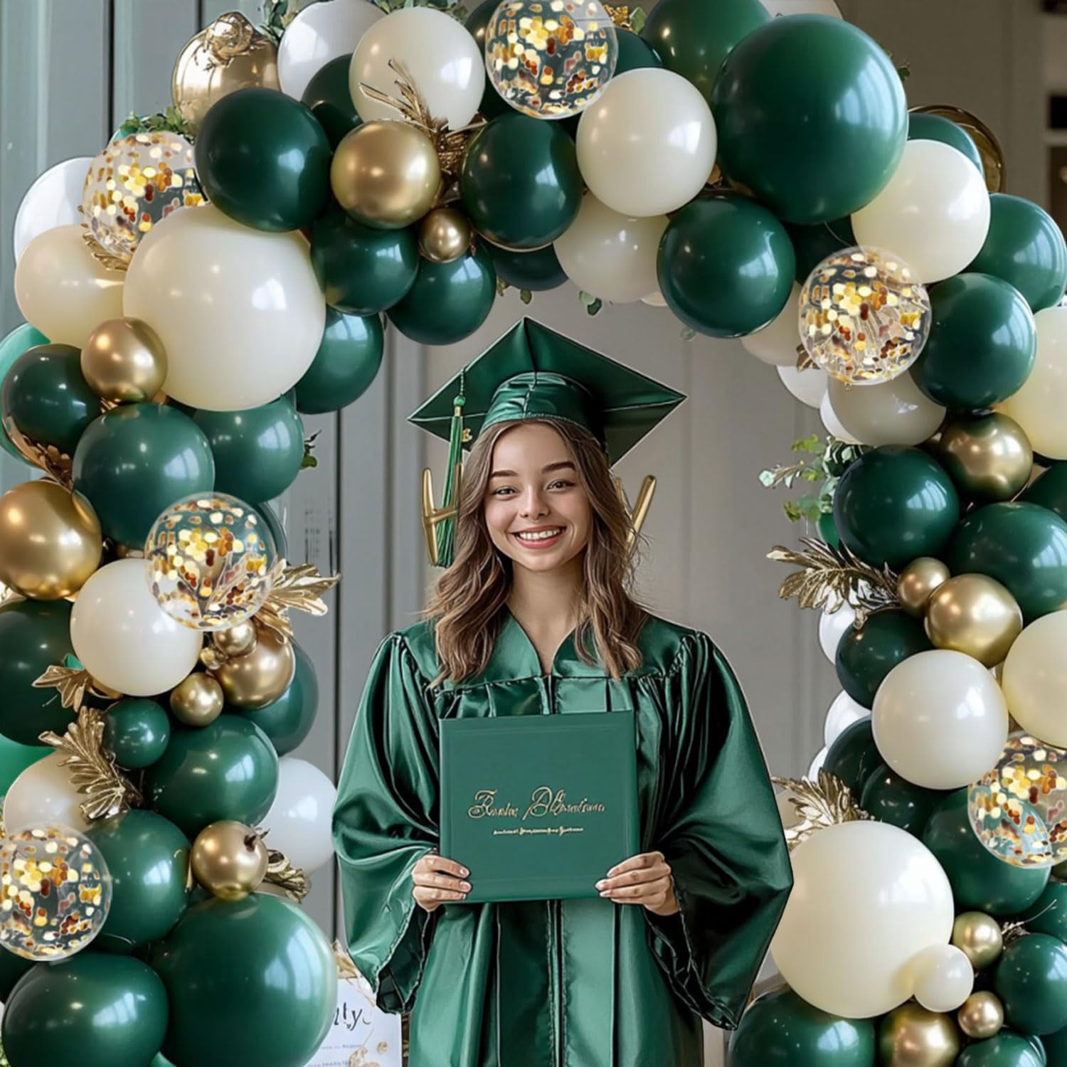 Emerald Green Pearl White Gold Balloons Arch Kit Double Stuffed Dark Green Light Pastel Sand Ivory White Metallic Gold Bobo Balloons for Wedding Baby Shower Birthday Party Decorations