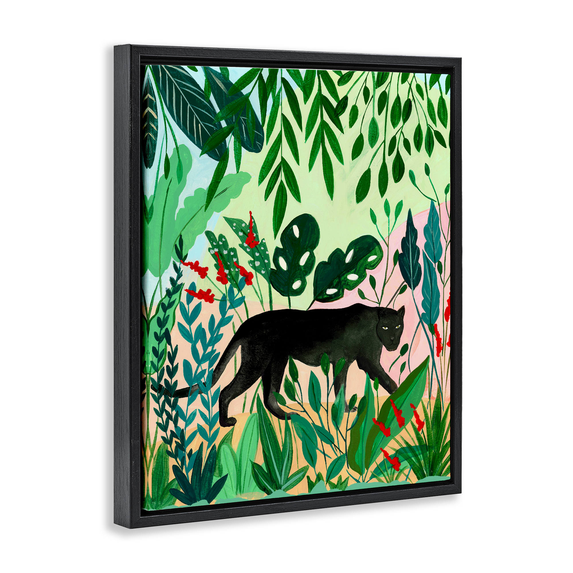 Stoic Panther Tropical Forest Black Framed Floater Canvas Wall Art, design by Nabeela Rumi