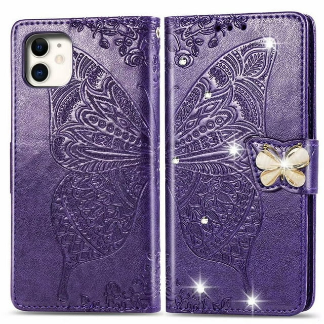 Étui Portefeuille pour iPhone 11Pro 5.8 Pieds, Étui de Protection en Cuir PU avec Sangle de Poignet et Fentes pour Cartes, Support en Relief Papillon Fleur pour iPhone Violet Foncé