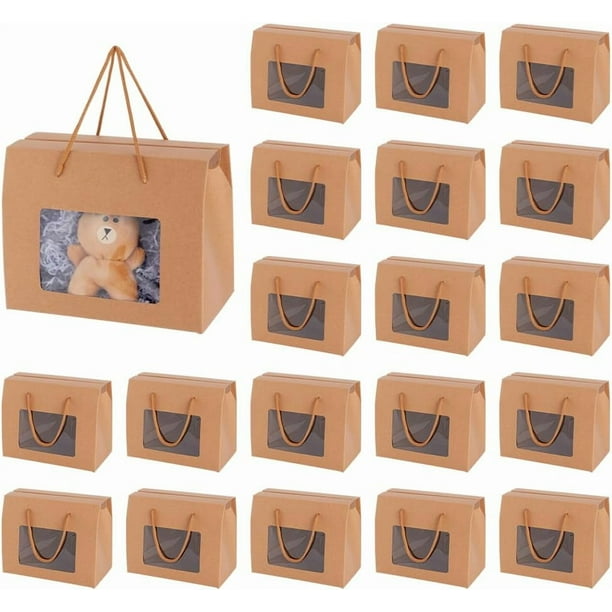 Paquete de 20 cajas de papel kraft con asas, 19,8 x 16 x 10,9 cm, color marrón, con ventana transparente, ideales para empaquetar productos, artículos para tiendas, fiestas, regalos, bodas y negocios.