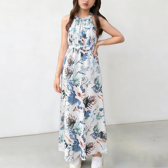 Amidoa Girls A Line Dress Sleeveless Dresses Summer Midi Casual Print Sundress for Little Girl