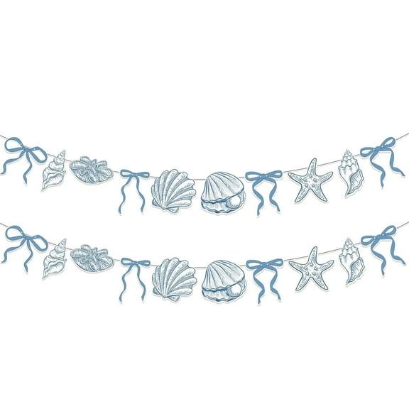 2 Pcs 6.56ft Blue Coastal Beach Seashell Hanging Banners, Bow Starfish Conch Garland for Birthday Wedding Baby Shower Summer Mermaid Party Decorations