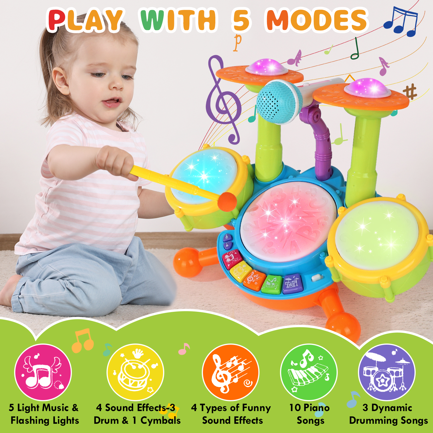 Kwanithink Kids Drum Set with Microphone, Green photo 2