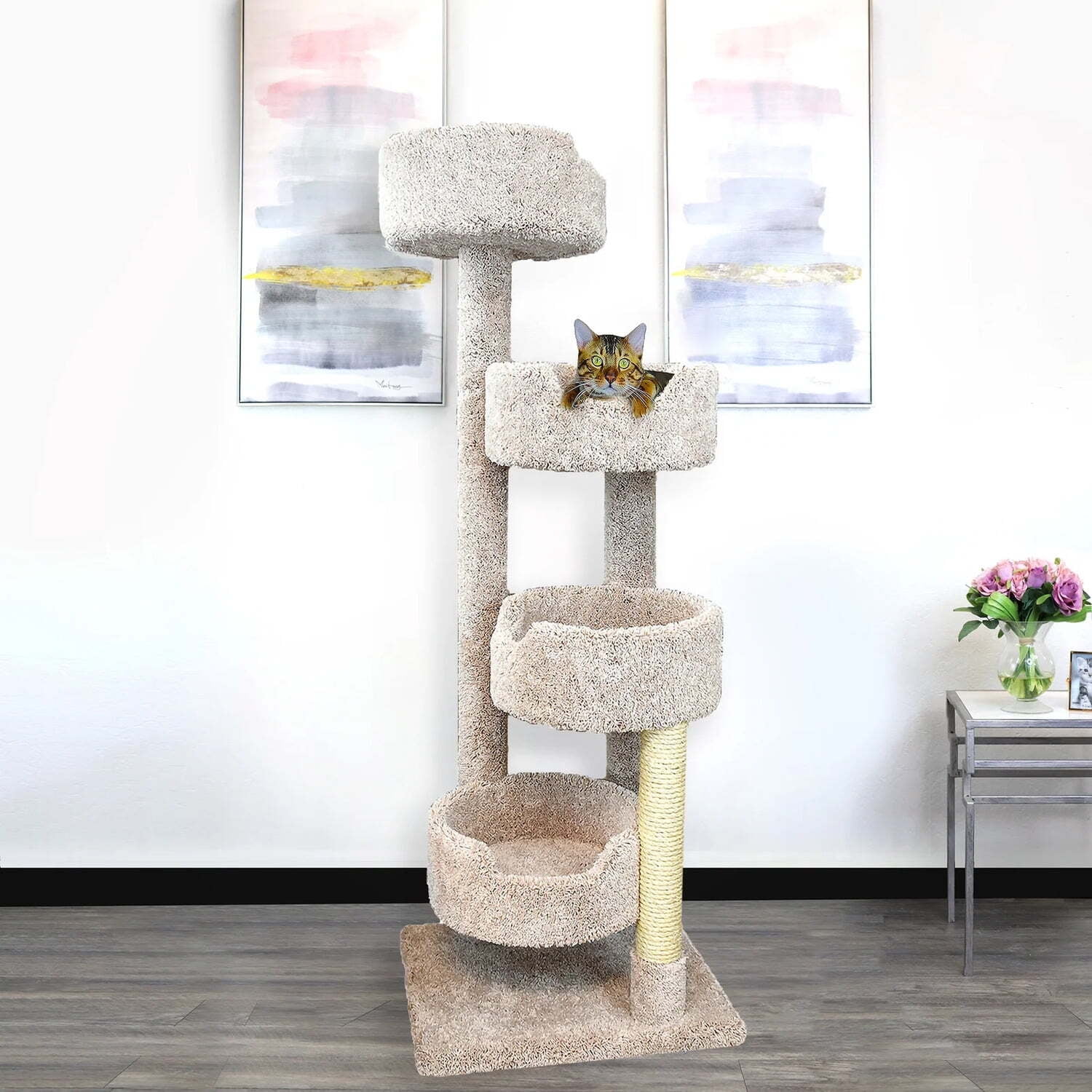 New Cat Condos Large Cat Stairway, Modern Multi-Level Cat Tree Cat Tower for Indoor Cats-Color:Beige