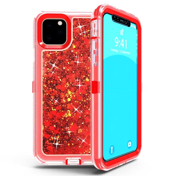 For Apple iPhone 11 Pro 5.8 Inch Tough Defender Sparkling Liquid Glitter Heart Case Cover Red
