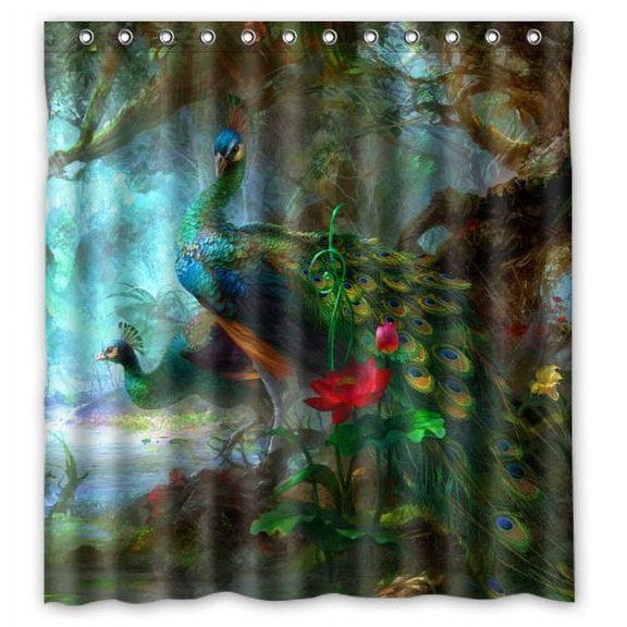 HelloDecor Wonderland Forest Peacock and Flower Animals Shower Curtain Polyester Fabric Bathroom Decorative Curtain Size 66x72 Inches