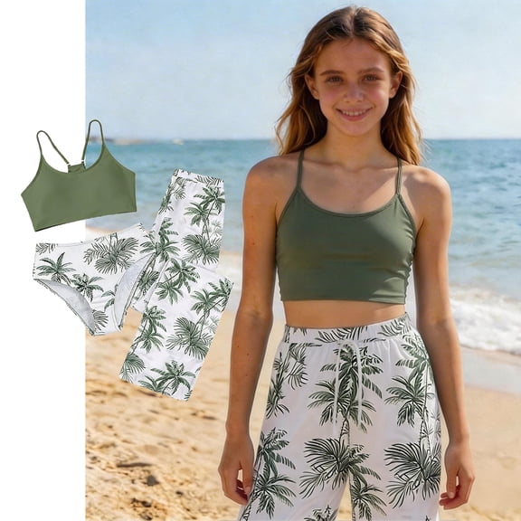 Girls Swimsuit 3 Piece Swimsuit with Pants Summer Beach Swimwear Cute Bikinis for Girls 15-16 Years