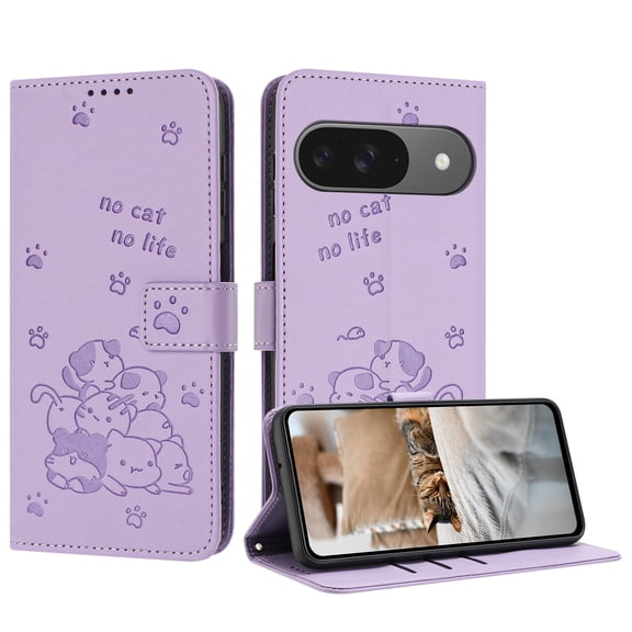 for Google Pixel 9 / 9 Pro Phone Case Wallet, Embossed Cute Cat Pattern Purse Case Women Girls Wrist Strap [Card Cash Slots] [Flip Kickstand] PU Leather Protection Cover, Purple