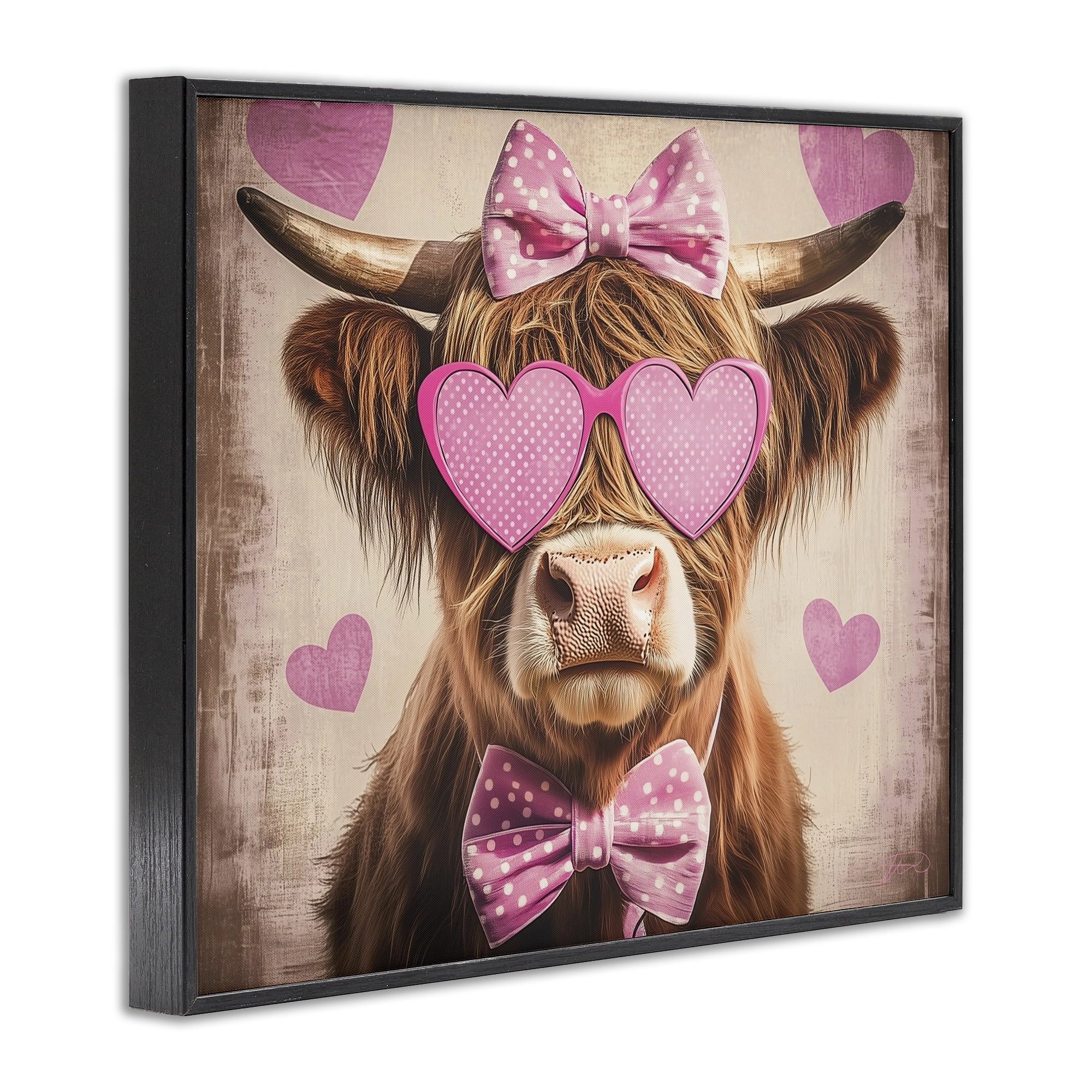 Cute Cattle Pink Hearts Black Framed Giclee Art, design by Shawna Stewart