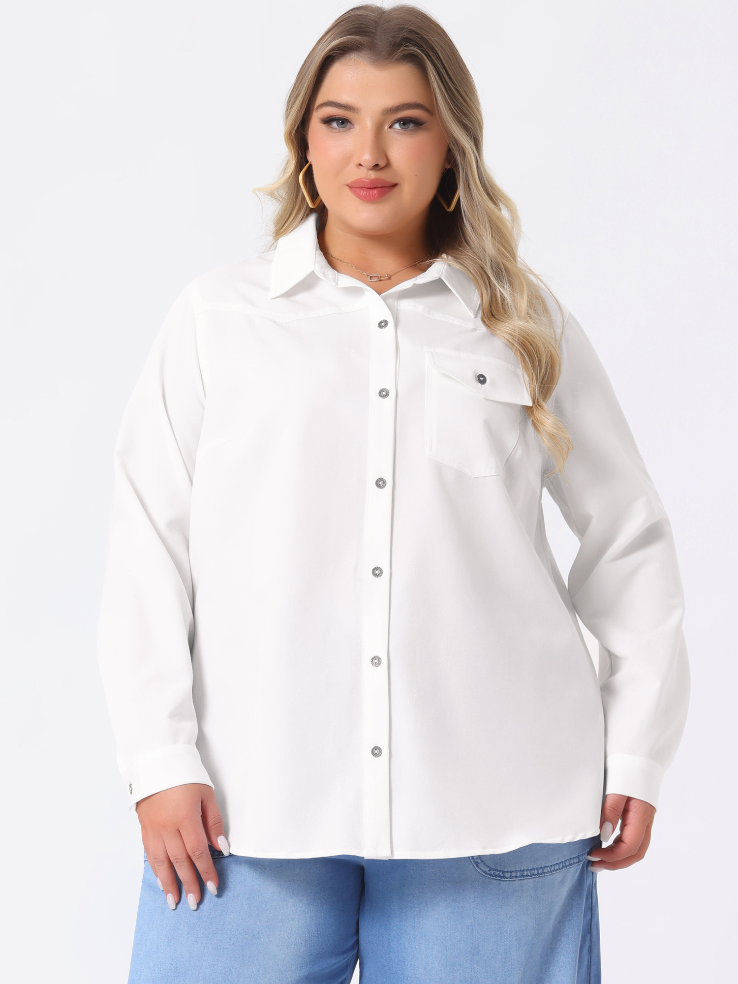 DARING DIVA Women's Plus Chest Pocket Long Sleeve Denim Chambray Shirt 4X White
