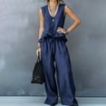 thumbnail image 6 of mihongmao 80s Outfit for Ladies Date Night Sets Women's Casual Summer Beach Loose Two Piece Outfit Sleeveless V Neck Ruffle Top Wide Leg Pants Set Navy M, 6 of 9