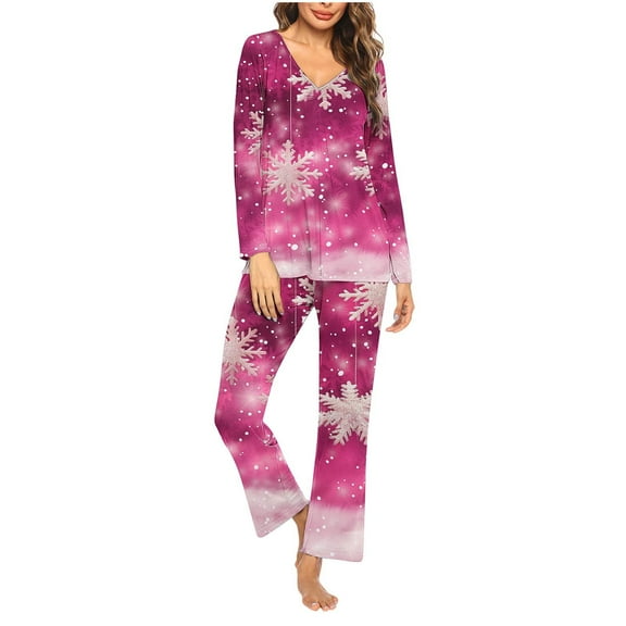 Tnhcen 2-Piece Christmas Snowflake Print Pajamas for Women Warm Soft V-Neck Casual Long Sleeve Top Pants Pjs Set Lounge Nightwear Homewear S-3XL