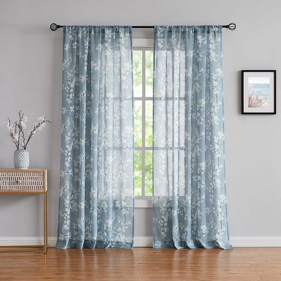 Decoultimatex Floral Blue Sheer Curtain for Living Room Blossom Print on Flax Linen Blend Window Curtain Panels,Rod Pocket,50"x84"x2