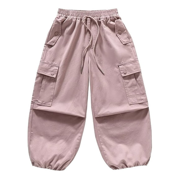 Girls Cargo Pants Casual Baggy Pants Elastic Waist Pink Cargo Pants with Pocket Girls Clothes Size 8-10 Years