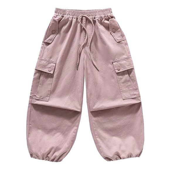 WERYOUNG Girls Streetwear Cargo Pants Summer Fashion Stretch Elastic Empire Waist Drawstring Straight Wide Leg Pants With Pockets Newborn Stylish Sweat Pants,Pink,4-5 Years