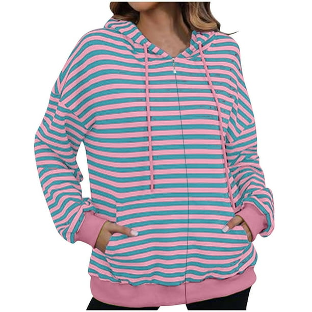Chaquetas y abrigos casuales con capucha y manga larga para mujer Chaqueta casual con capucha y cremallera de manga larga con estampado a rayas para mujer Top de poliéster para mujer