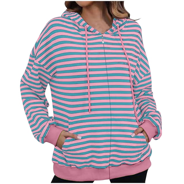Chaquetas y abrigos casuales con capucha y manga larga para mujer Chaqueta casual con capucha y cremallera de manga larga con estampado a rayas para mujer Top de poliéster para mujer