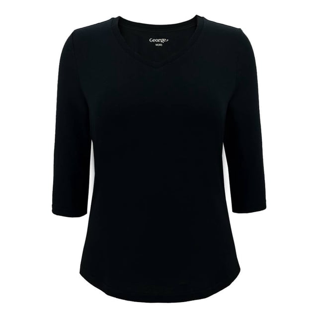 Playera Simply Basic Para mujer, Manga al Codo, Cuello V Lisa Negro Talla EG
