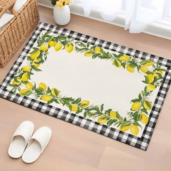 2x3 Ft Entryway Area Rug, Summer Lemons Kitchen Rug Runner Washable Floor Mat, Farmhouse Fruits Black Buffalo Plaid Non Slip Indoor Door Mat Throw Carpet for Bathroom Living Room Bedroom