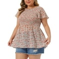 thumbnail image 4 of GRACE & GRANDEUR Blouses en Mousseline pour Femmes Grande Taille à Manches Évasées, Taille Smock, Col Rond, Petites Fleurs, Hauts Péplum Rose Vert 1X, 4 of 5