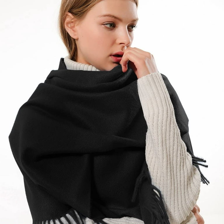 Womens Thick Soft Cashmere Wool Pashmina Shawl Wrap Scarf - OHAYOMI Warm  Solid Color Stole,Black 