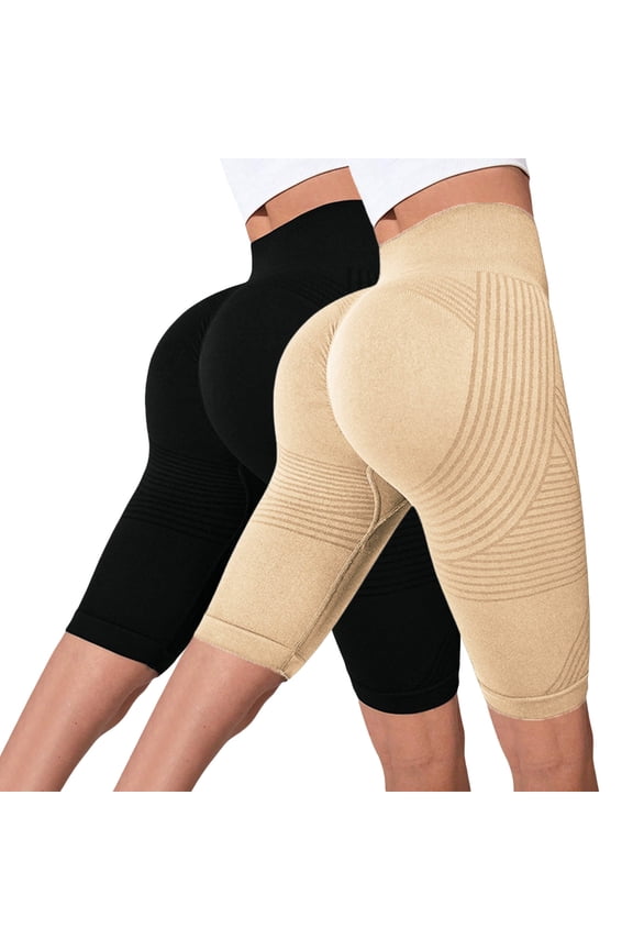 2 PCS Gym Shorts Women High Waist Seamless Biker Shorts Stretchy Ribbed Yoga Pants Tummy Control Work Out Clothes Beige S