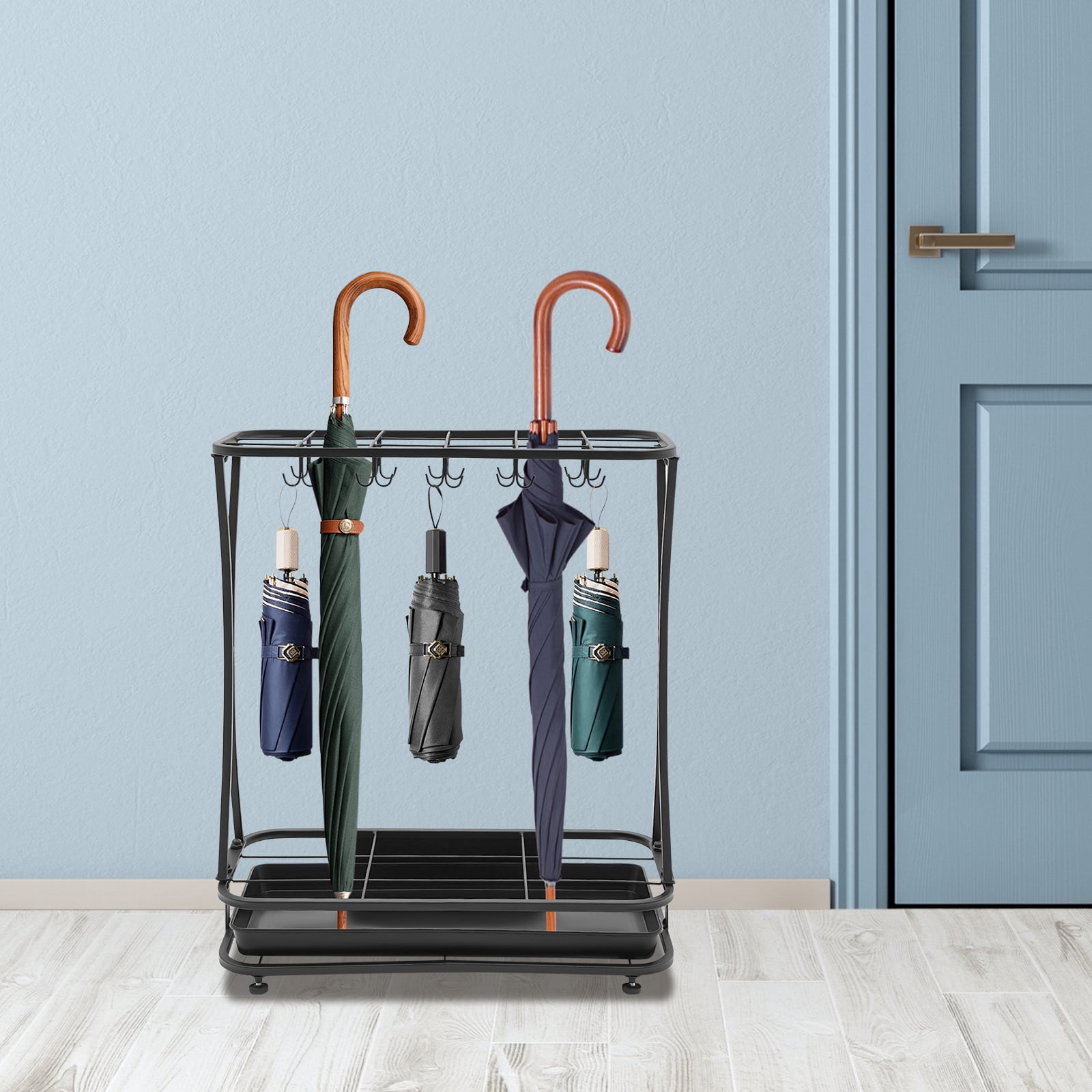 Wildnix Freestanding Umbrella Rack Holder, 38 Capacity Storage for Wet Umbrellas, Adjustable Foot Pads, Black Iron and Plastic Stand